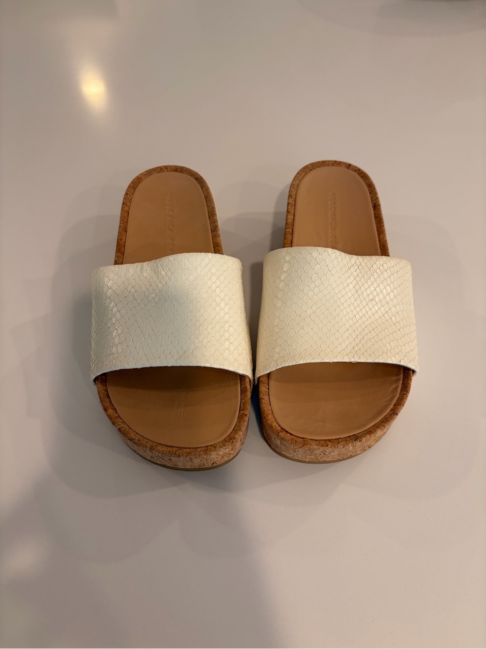 Veronica Beard Dresdyn Snakeskin-Embossed Leather Slide Sandals with Cork Sole